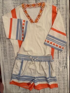 Striped V-Neck Short Set in White, Coral & Sky Blue